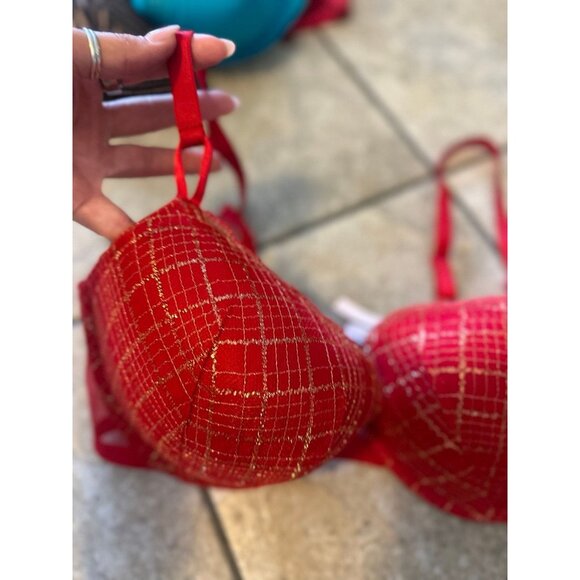 Victoria’s Secret Red Push-Up Bra 40D | Glitter Plaid Underwire Padded - Picture 2 of 5